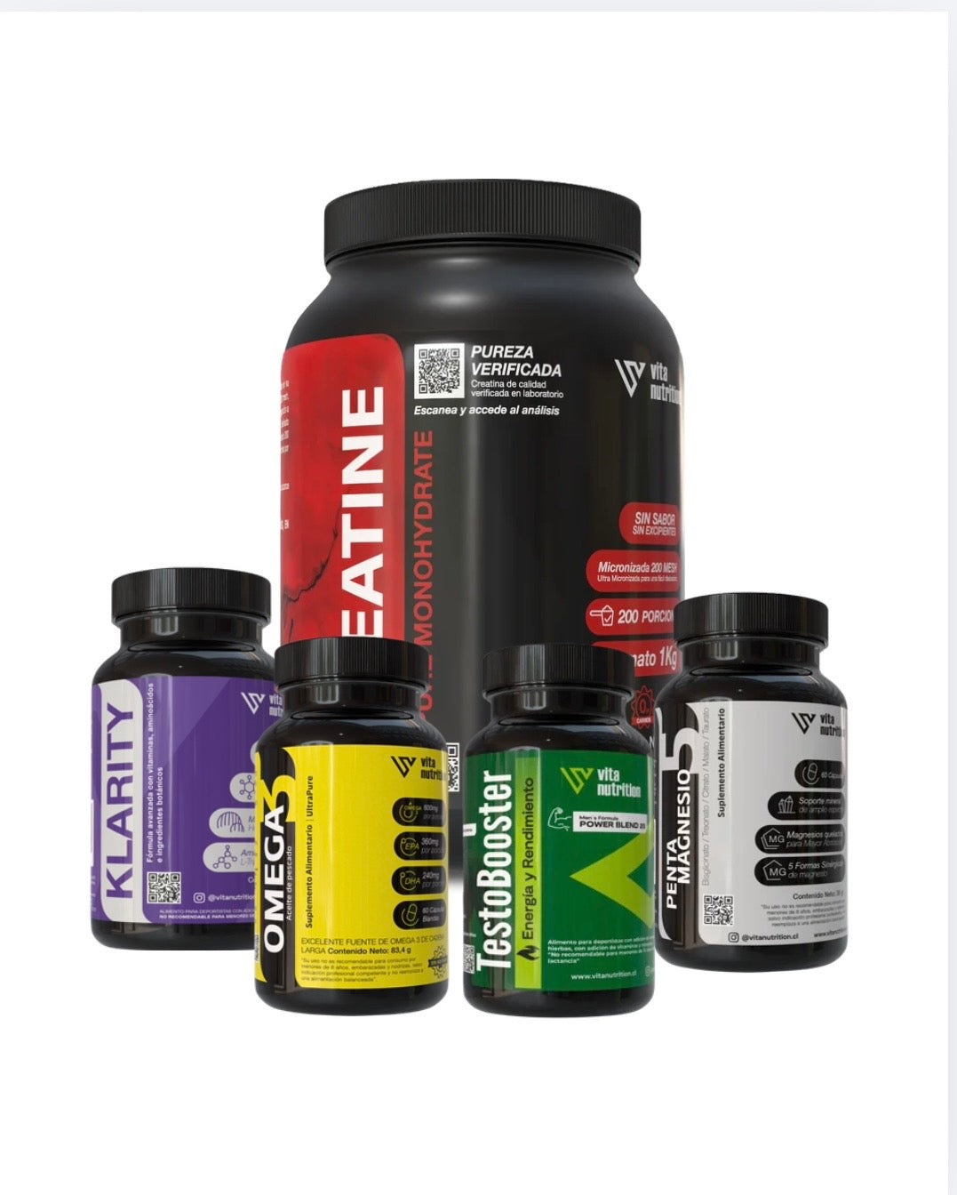Creatina en Polvo 1 KG + TestoBooster + Penta Magnesio + Omega 3 + Klarity