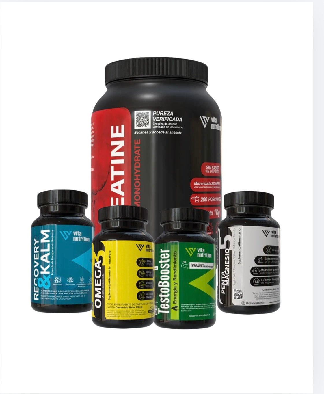 Creatina en Polvo 1 KG + TestoBooster + Penta Magnesio + Omega 3 + Recorey & Calm